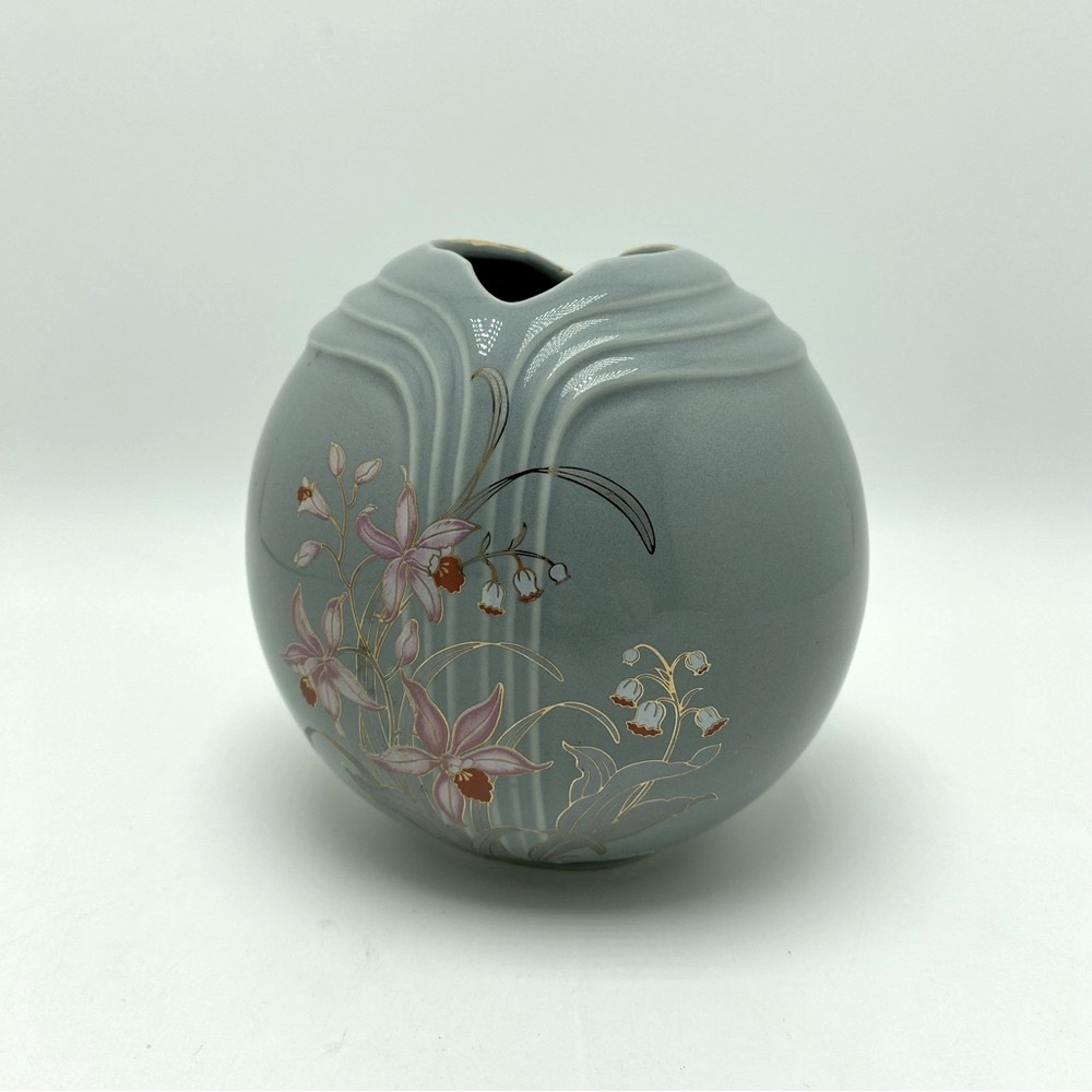 Vintage Japanese Fine China Porcelain Vase Gray with Hand Painted Flowers
